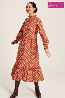 Joules Josie Burnt Orange Midi Tier Dress with Frill Neck (C10795) | AED299