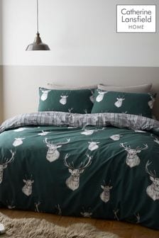 Catherine Lansfield Green Stag Check Reversible Duvet Cover and Pillowcase Set (C10833) | ₪ 74 - ₪ 121