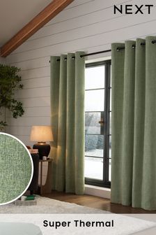 Sage Green Next Heavyweight Chenille Eyelet Super Thermal Curtains (C10938) | €77 - €230