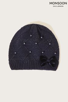 Monsoon Blue Bow Pearly Knit Beanie Hat (C11477) | 5.50 BD - 6 BD