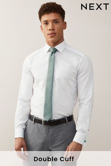 Blanc/vert sauge - Coupe classique avec manchettes doubles - Sac chemise et cravate pour occasions (C11838) | €14