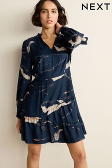 Dark Navy Blue Mountain Print Next Long Sleeve Mini Tea Dress (C11862) | €34.50
