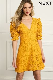 Ochre Yellow V-Neck Short Puff Sleeve Lace Mini Dress (C12042) | €33
