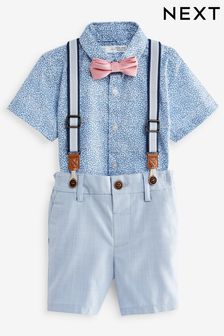 Floral azul - Conjunto de camisa, pantalones cortos con tirantes y pajarita (3meses-9años) (C13827) | 37 € - 43 €