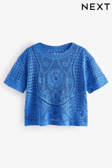 Jasnoniebieskie - Koszulka szydełkowa z krótkim rękawem i okrągłym dekoltem (C13888) | 145 zł