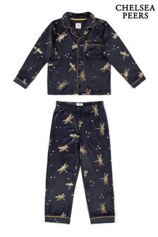 Chelsea Peers Blue Velour Foil Dragonfly Print Kids Long Pyjama Set (C14229) | €27
