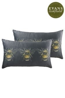 Evans Lichfield 2 Pack Grey Gold Bee Velvet Filled Cushions (C14231) | ₪ 107