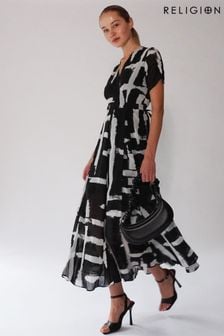 Religion Black White Wrap Dress With Full Skirt (C14269) | $220