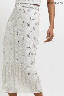 River Island White Sequin Midi Pencil Skirt (C14317) | $111
