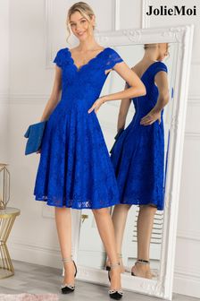Jolie Moi Blue Cap Sleeve Scalloped Lace Dress (C14632) | $64