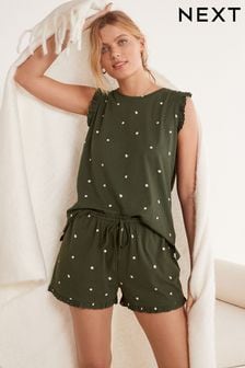 Grün gepunktet - Pyjamaset aus Baumwolle mit Trägertop und Shorts (C14856) | CHF 24