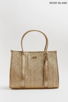 River Island Womens Beige Metallic Thread Raffia Shopper Bag (C15168) | ₪ 186