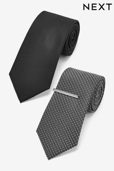 Black/Charcoal Grey Regular Textured Tie With Tie Clip 2 Pack (C15663) | €26
