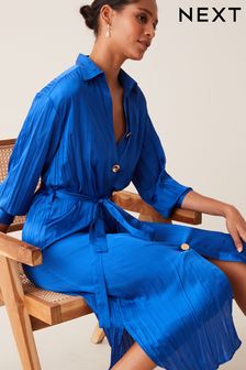 Cobalt Blue Pleated Satin Midi Shirt Dress (C15667) | 61 €