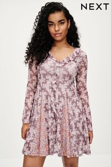 Lilac Purple Ditsy Ruffle Detail Dress (C15790) | OMR10