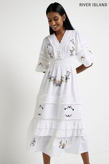 River Island White Embroidered Midi Dress (C15934) | $119