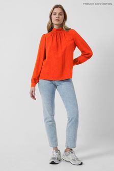 French Connection Red Arina Solid Button Neck Top (C16079) | €27