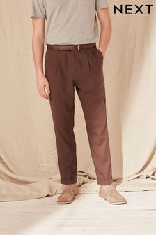 Brown Relaxed Tapered Linen Blend Pleated Front Trousers (C16495) | €13