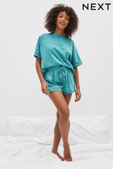 Teal Blue Palm Tree Cotton Short Pyjamas Set (C16534) | 23 €
