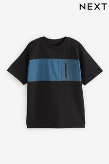 Schwarz/Blau/Farbblockdesign - Utility-T-Shirt in Relaxed Fit mit Reißverschluss und Tasche (3-16yrs) (C16724) | 7 € - 12 €