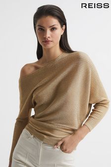Reiss Gold Louisa Asymmetric Drape Knitted Top (C18022) | ₪ 1,006