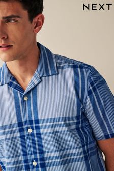 Navy Blue Textured Check Cuban Collar Short Sleeve Shirt (C18209) | 16 €