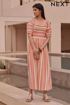 Pink Stripe Puff Sleeve Square Neck 100% Cotton Midi Dress (C18321) | €9