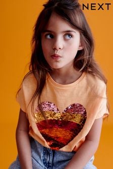 Apricot Orange Heart Sequin T-Shirt (3-16yrs) (C18458) | 55 zł - 85 zł