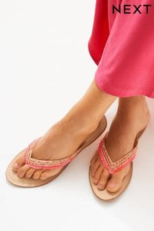 Pink Forever Comfort Leather Embellished Toe Thong Flat Sandals (C18525) | €28