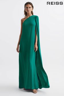 Reiss Green Nina Cape One Shoulder Maxi Dress (C18583) | OMR224