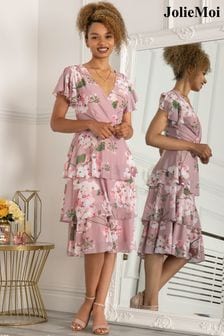 Różowa sukienka kaskadowa midi Jolie Moi Gabielle (C18615) | 280 zł