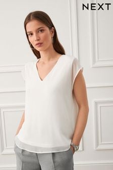 Ecru Cream V-Neck Chiffon Layer Sleeveless Vest (C18882) | €16