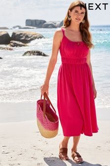 Pink Strappy Cami Tie Crinkle Texture Midi Dress (C19024) | €17