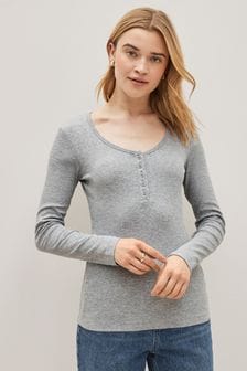 Grey Ribbed Henley Long Sleeve Top (C19064) | AED56