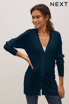Navy Blue Rib Sleeve Button-Up Linen Cardigan (C19068) | 19 €