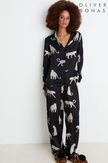 Oliver Bonas Mono Leopard Print Black Shirt & Trousers Pyjama Set (C19110) | 115 €