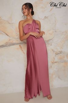 Chi Chi London Pink Pleated Satin One Shoulder Maxi Dress (C19202) | €44