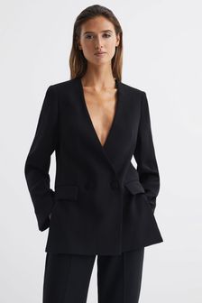 Reiss Black Margeaux Collarless Double Breasted Suit Blazer (C19628) | AED1,800