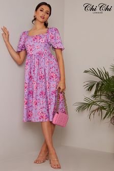 Chi Chi London Purple Square Neck Ditsy Floral Midi Dress (C19693) | ₪ 292