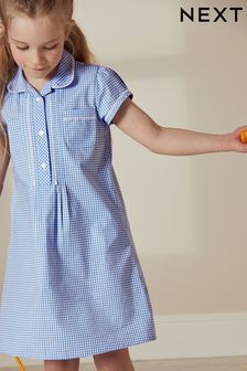 Mid Blue Cotton Rich Button Front Lace Gingham School Dress (3-14yrs) (C19763) | AED41 - AED56