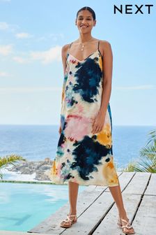 Blue Tie Dye Racer Back V-Neck Midi Slip Summer Dress (C19810) | 76 zł - 78 zł