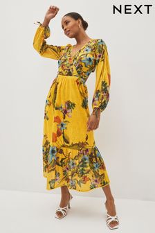 Yellow Floral Cut-Out V-Neck Long Sleeve Midi Dress (C20028) | $134