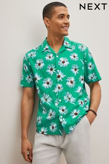 Green/White Floral Print Cuban Collar Short Sleeve Shirt (C20055) | 90 zł