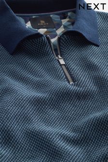 Navy Blue - Textured Zip Polo Shirt (C20066) | KRW50,800