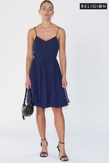 Religion Blue Jewell Midi Maxi Dress with Spaghetti Straps and Full Skirt (C20374) | €122