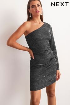 black One Shoulder Sparkle Jersey Midi Dress (C20383) | €16