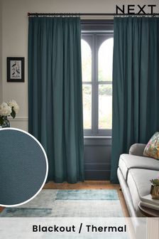 Dark Teal Blue Cotton Blackout/Thermal Pencil Pleat Curtains
