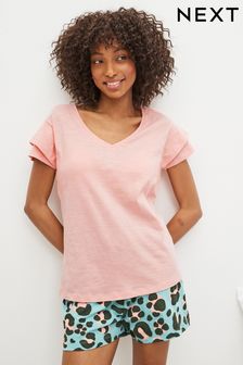 Pink/Teal Blue Leopard Cotton Pyjamas Short Set (C20485) | €31.50