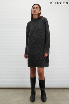 Gri - Rochie tunică tip pulover cu guler înalt și model neutru Religion (C20758) | 477 LEI