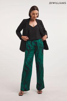 Zielone satynowe spodnie z szerokimi nogawkami JD Williams z nadrukiem w zawijasy (C20861) | 100 zł